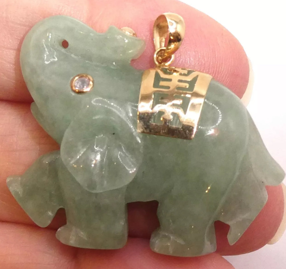 VINTAGE Jadeite Green Jade Elephant 14k Yellow Gold w/ Diamond Eye Pendant - Fine Jade Piece - JazzyJewelbyAmina
