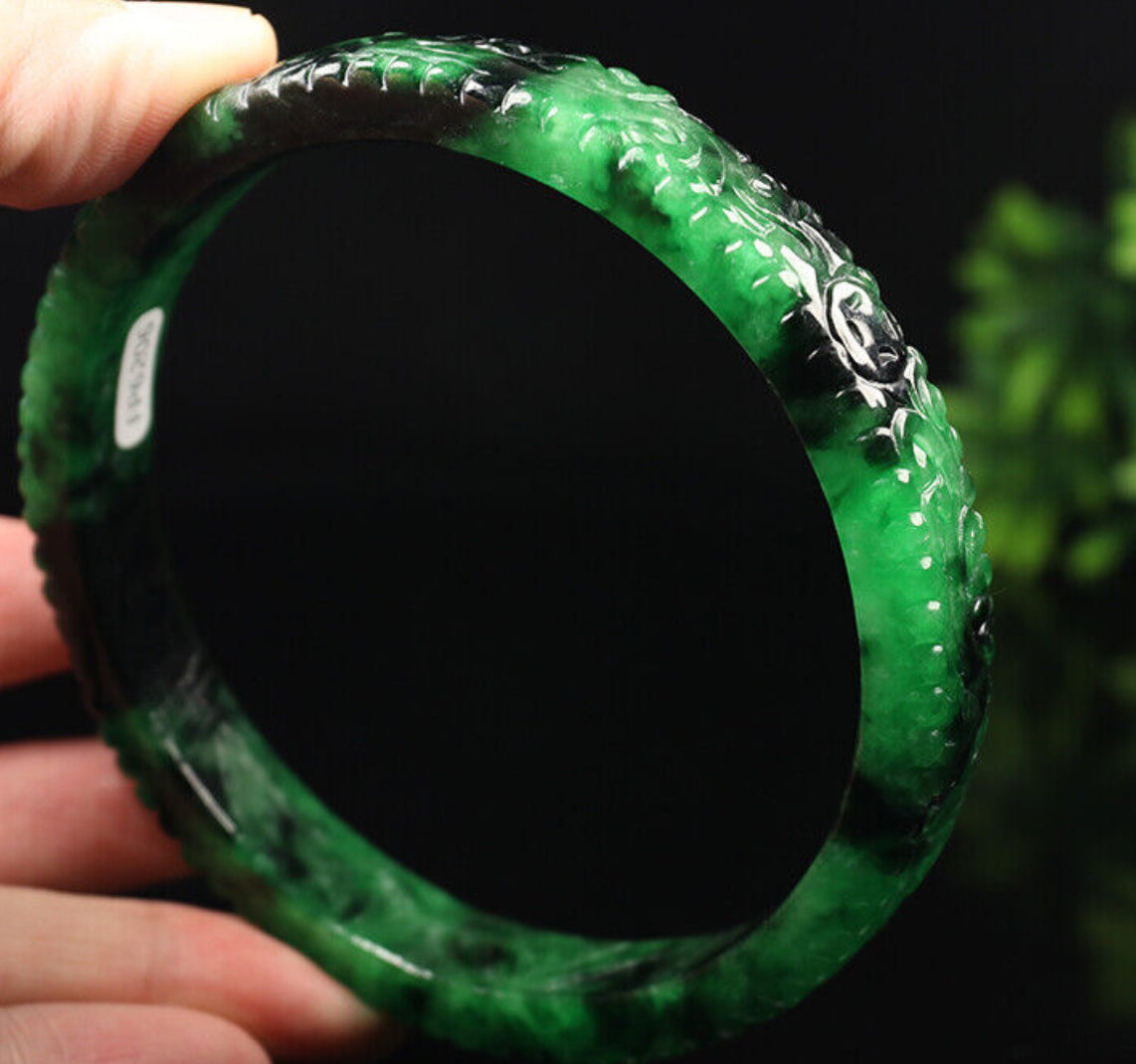 VINTAGE XXL Jadeite Green/Black Jade Bangle Size Hand-Carved Dragon Phoenix 82mm D465 Fine Jade Unique Piece! - JazzyJewelbyAmina