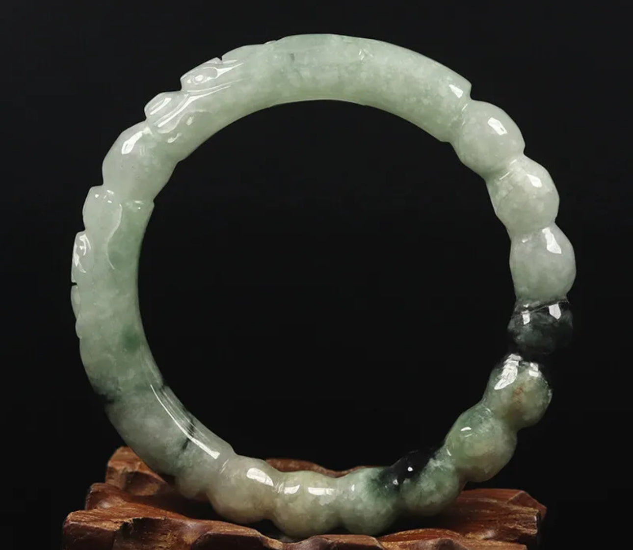VINTAGE Medium Jadeite Green Jade Bangle Handcarved Dragons Size 58mm S499 - JazzyJewelbyAmina