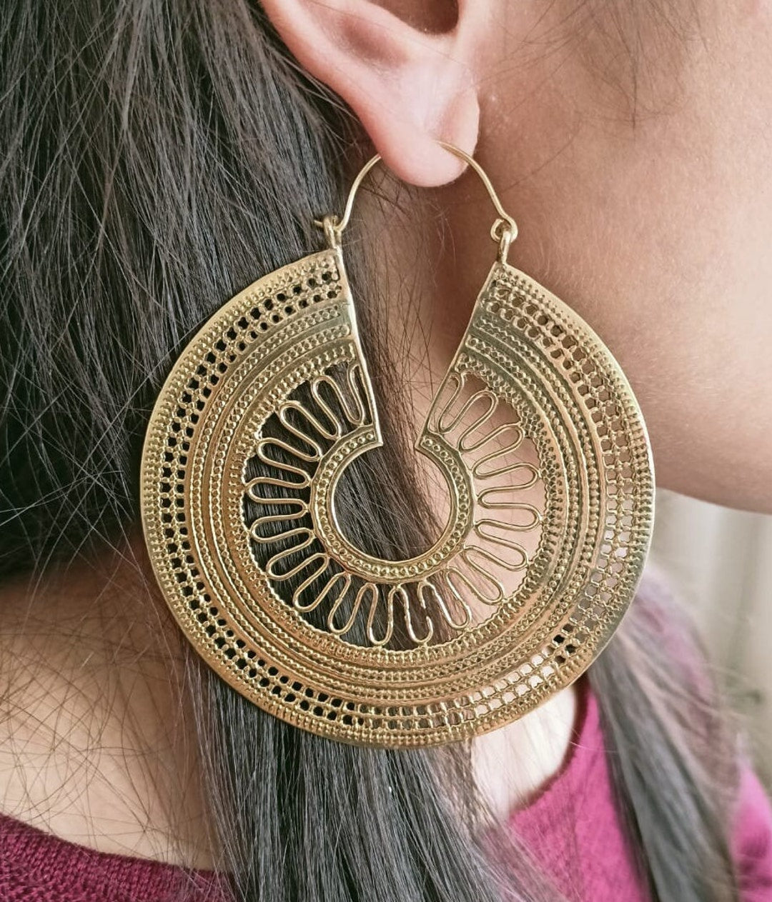 BOHO Gold Brass Round Disk Earrings - Large - JazzyJewelbyAmina