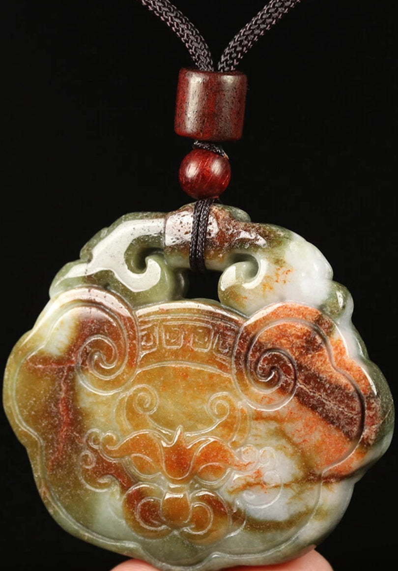 VINTAGE Jadeite Green Red Jade Pendant Handcarved Dragon Amulet w/ Adjustable Chord (removable) Certified Jade