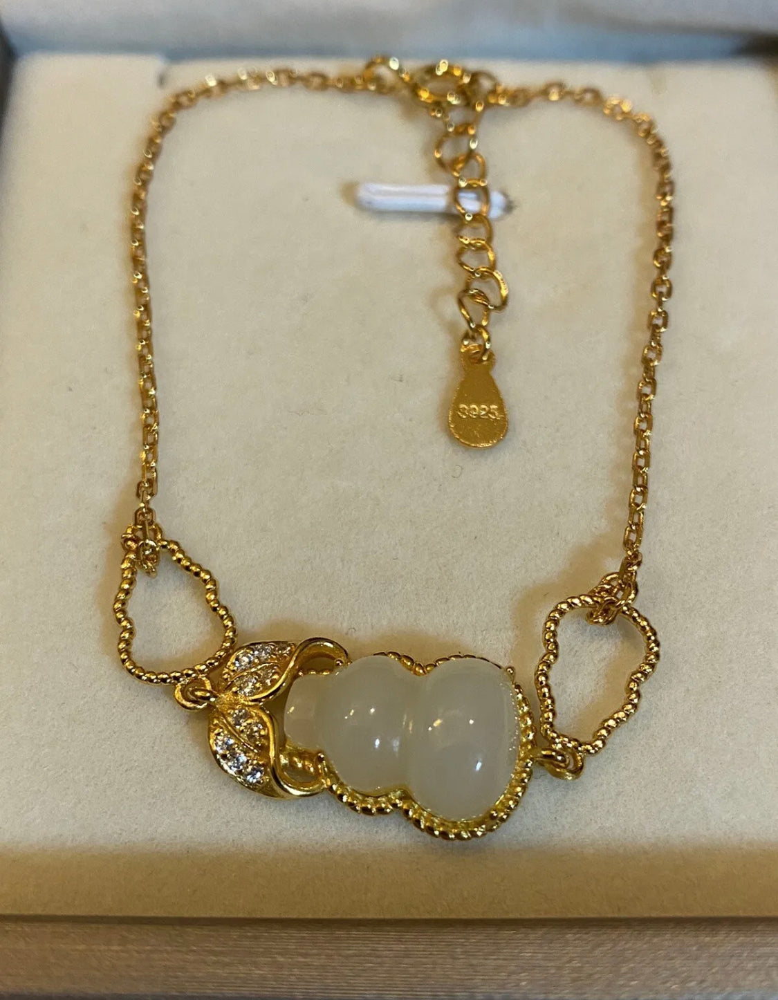 18k Gold Over Sterling Silver Hetian Yu White Jade Hulu Gourd Bracelet - JazzyJewelbyAmina