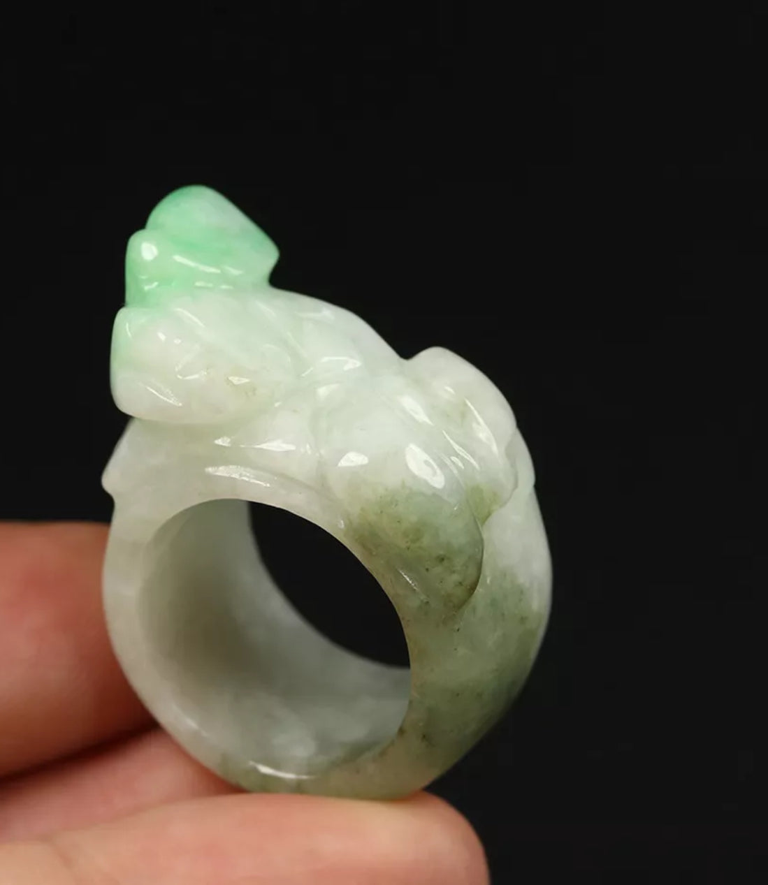VINTAGE Medium Jadeite Green/White Jade Pixiu Certified Grade A Thumb Ring Y813 Prosperity & Protection! - JazzyJewelbyAmina