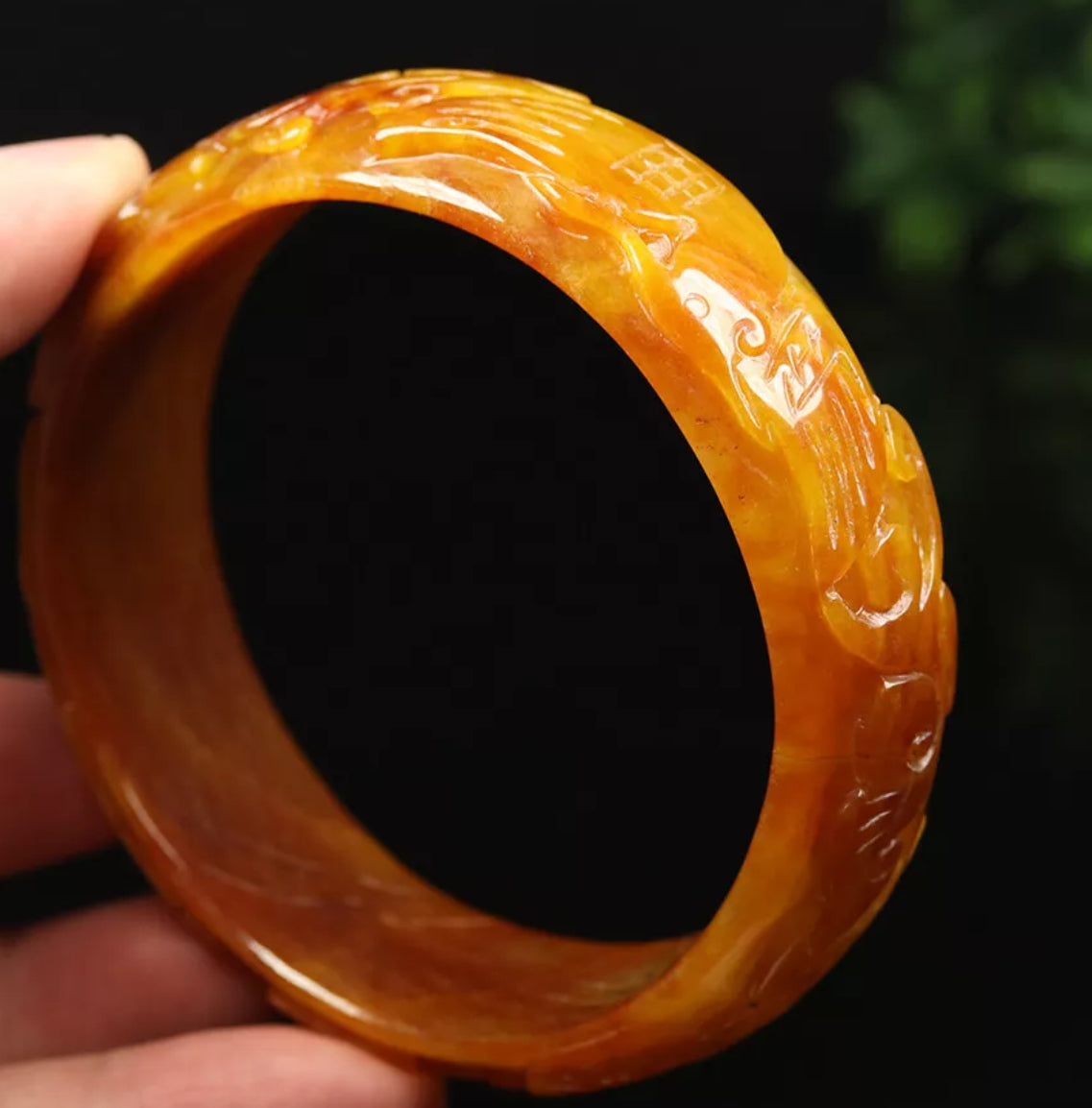 VINTAGE XXL Jadeite Yellow/Brown Jade Bangle Hand Carved Dragon Phoenix from Burma Size 68 mm M771 - JazzyJewelbyAmina