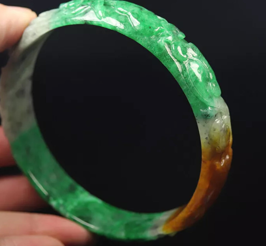 VINTAGE XXL Jadeite Green Brown Jade Handcarved Flower, Rabbit, Bird - Unique Jade Piece! Size 81mm S457 - JazzyJewelbyAmina