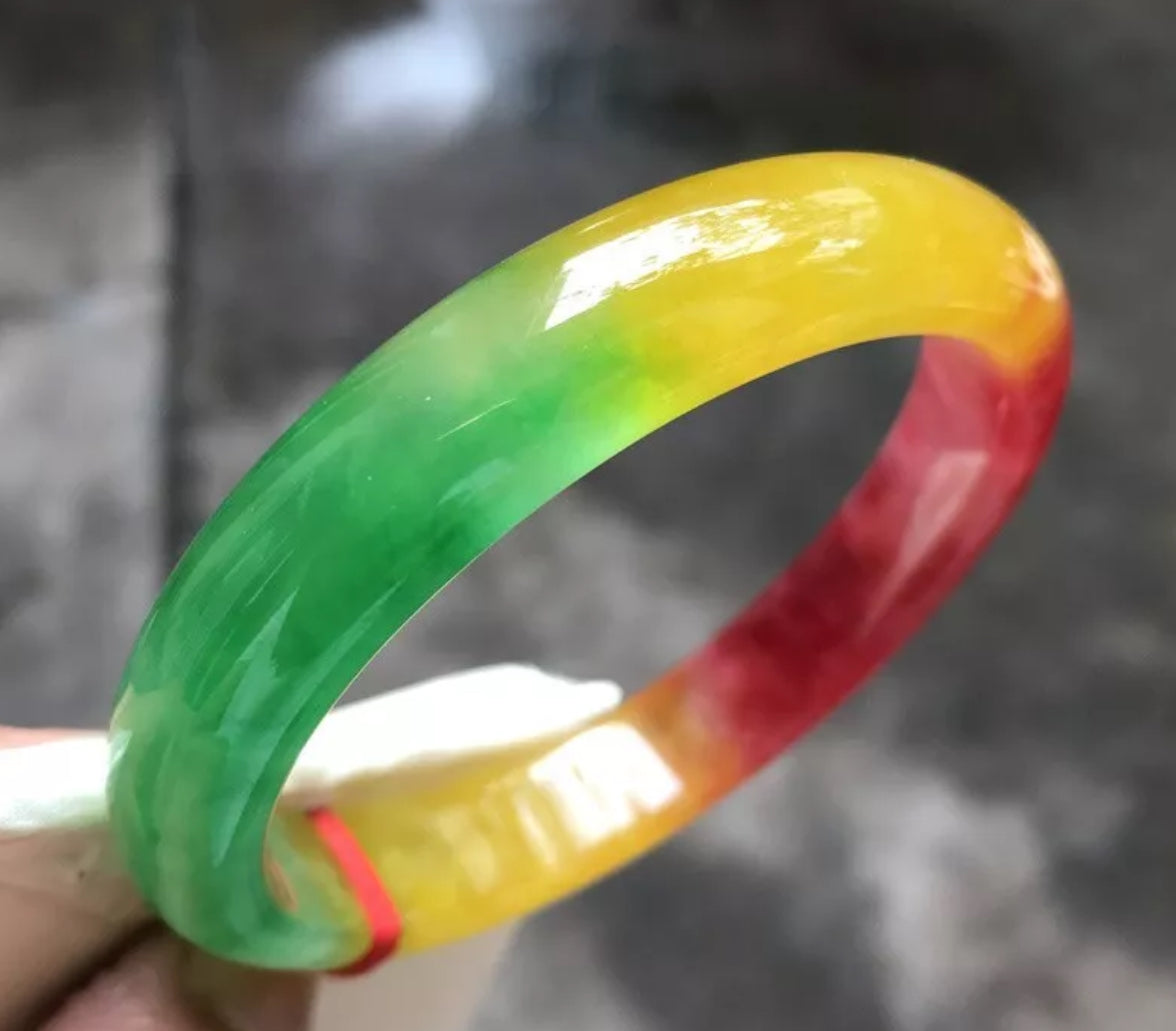 VINTAGE Large Jadeite Green/Red/Yellow Jade Bangle Size 62.8mm Unique Trio Jade Shades D191 - JazzyJewelbyAmina