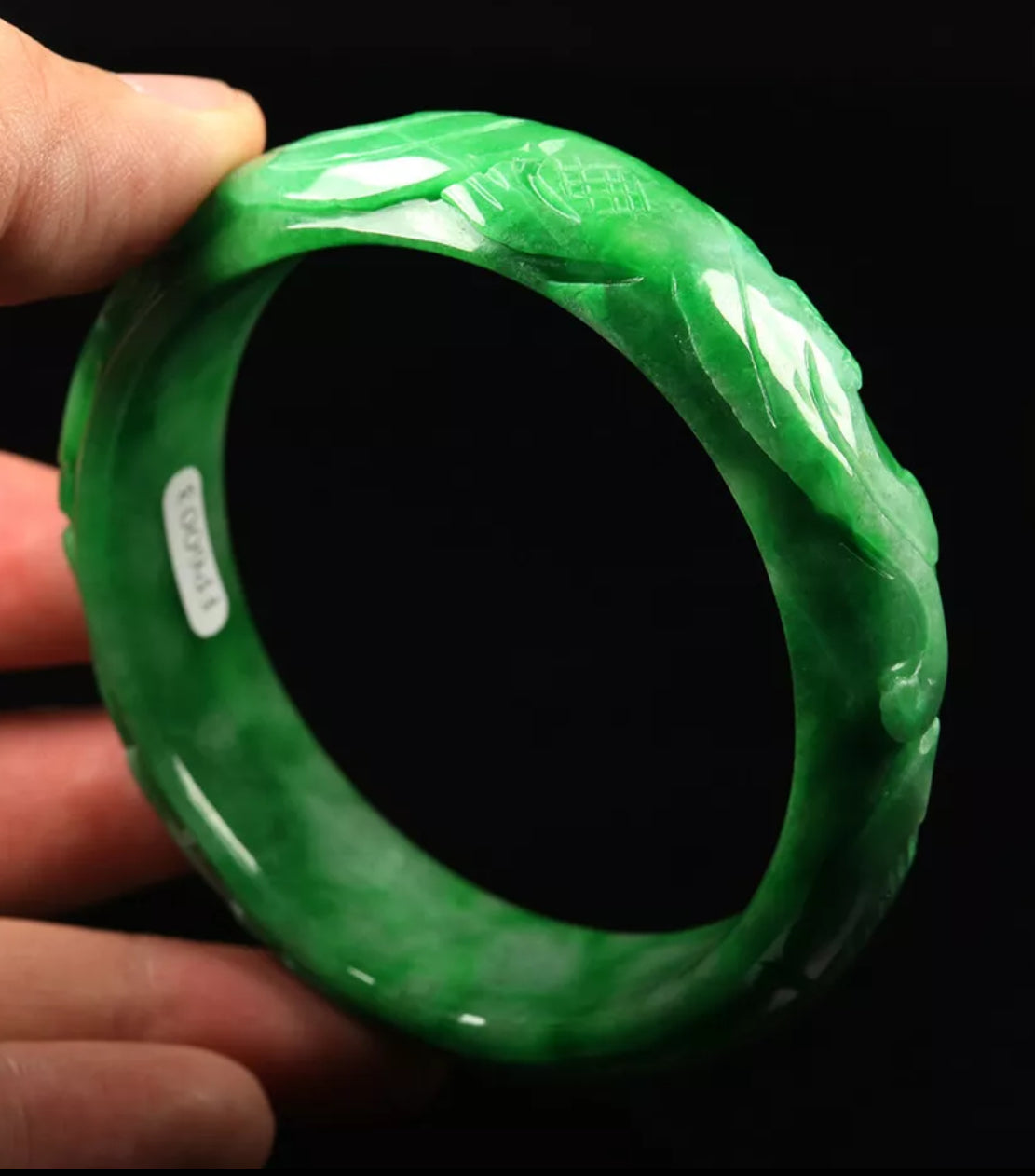 VINTAGE Large Jadeite Green Jade Bangle Hand-carved Dragon Phoenix Chinese Lunar Size 63mm M059 - JazzyJewelbyAmina