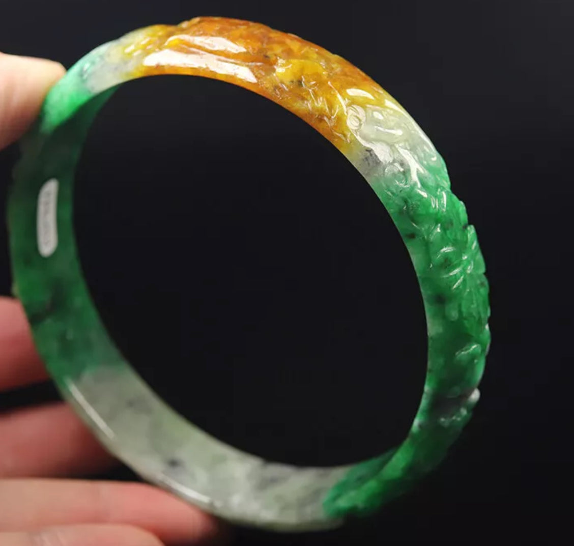 VINTAGE XXL Jadeite Green Brown Jade Handcarved Flower, Rabbit, Bird - Unique Jade Piece! Size 81mm S457 - JazzyJewelbyAmina