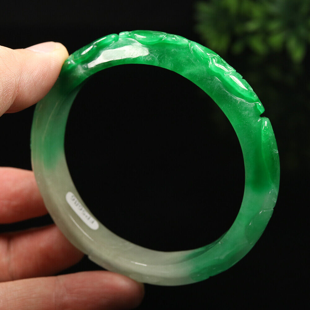 VINTAGE XL Jadeite Green/White Handcarved Bat Ruyi Lotus Jade Bangle - Ombré Jade Shades “As You Wish” Size 64mm F425 - JazzyJewelbyAmina