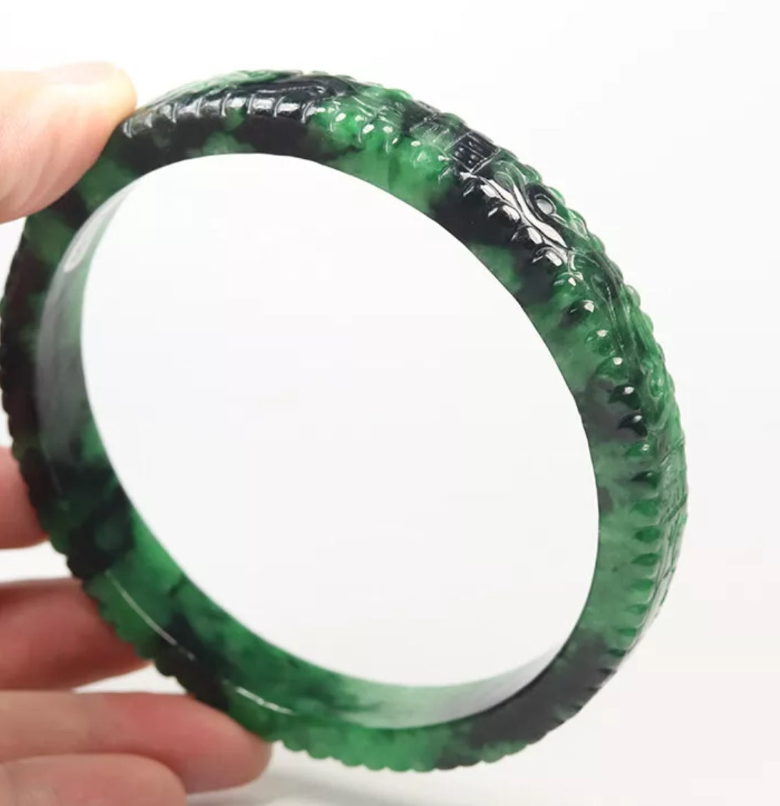 VINTAGE XXL Jadeite Green/Black Jade Bangle Size 82mm Handcarved Dragon Phoenix F451 - JazzyJewelbyAmina