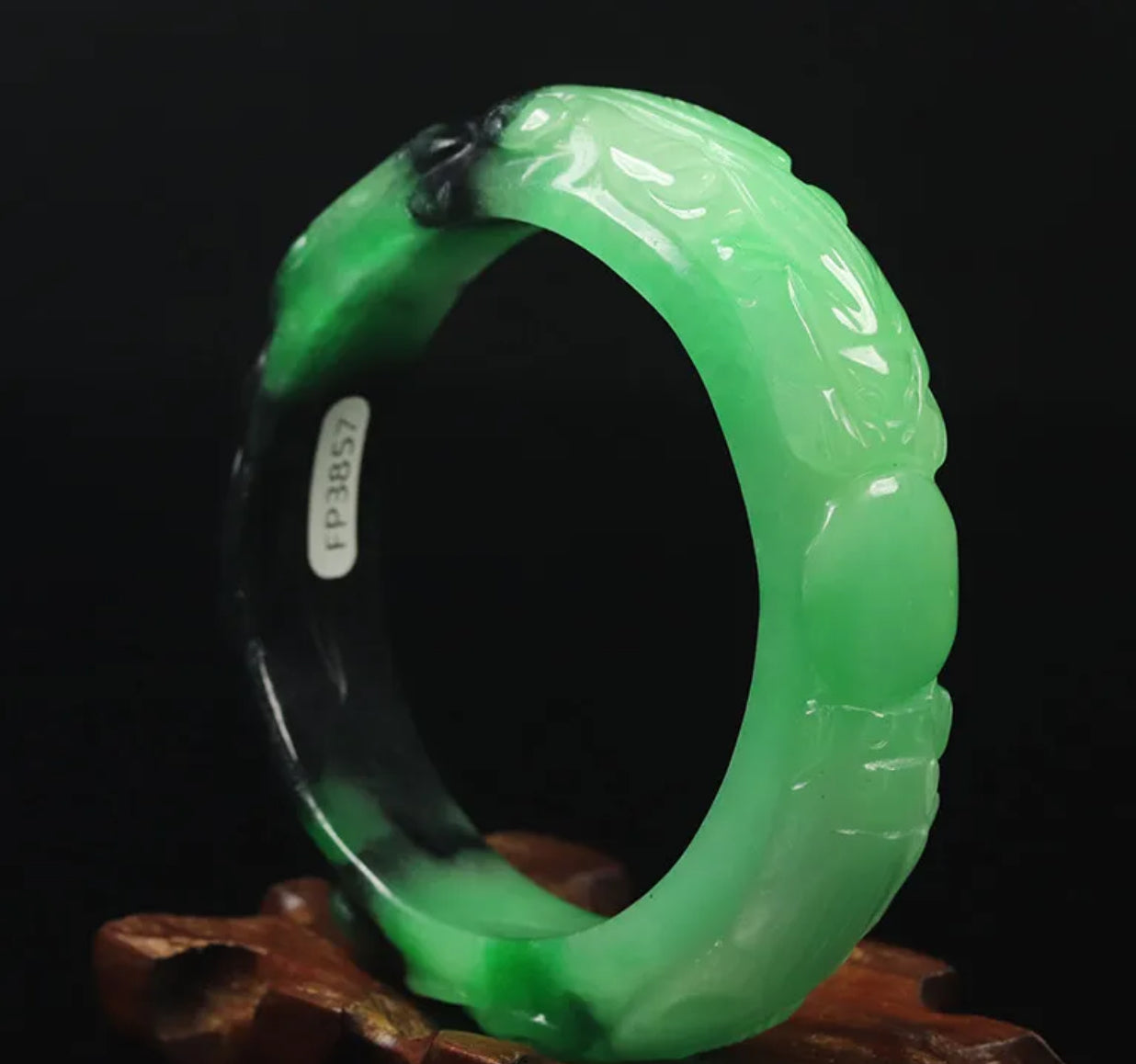 VINTAGE Small Jadeite Green/Black Jade Bangle - Handcarved Dragons Represents the Wood Dragon Chinese Lunar Year! Size 56mm F767 - JazzyJewelbyAmina