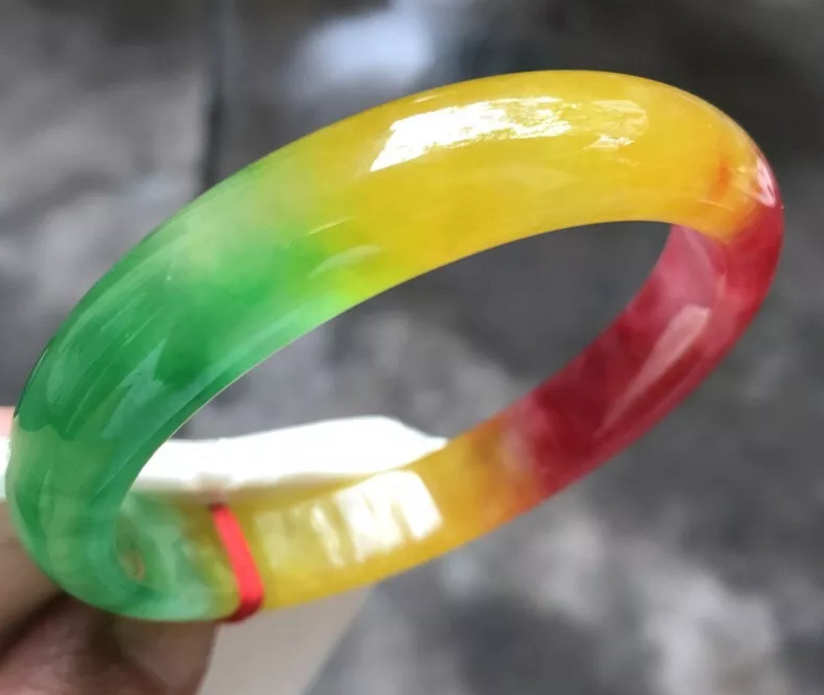 VINTAGE Large Jadeite Green/Red/Yellow Jade Bangle Size 62.8mm Unique Trio Jade Shades D191 - JazzyJewelbyAmina