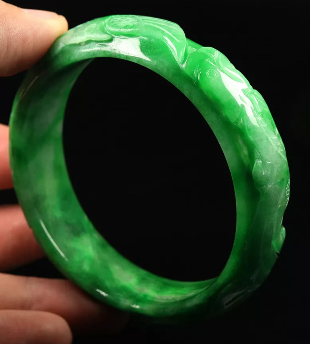 VINTAGE Large Jadeite Green Jade Bangle Hand-carved Dragon Phoenix Chinese Lunar Size 63mm M059 - JazzyJewelbyAmina