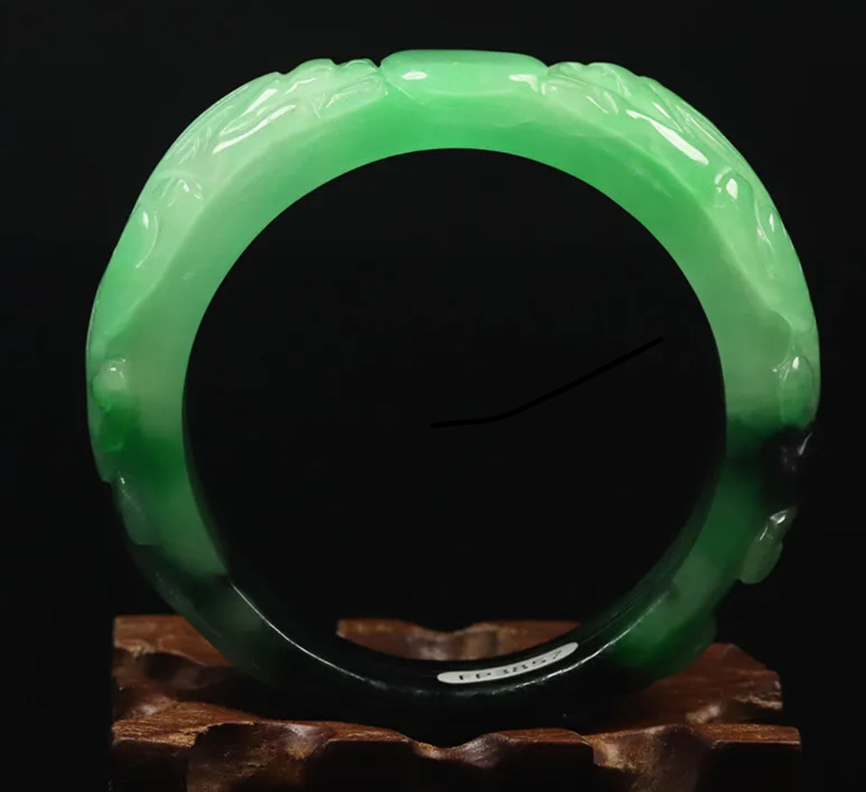 VINTAGE Small Jadeite Green/Black Jade Bangle - Handcarved Dragons Represents the Wood Dragon Chinese Lunar Year! Size 56mm F767 - JazzyJewelbyAmina