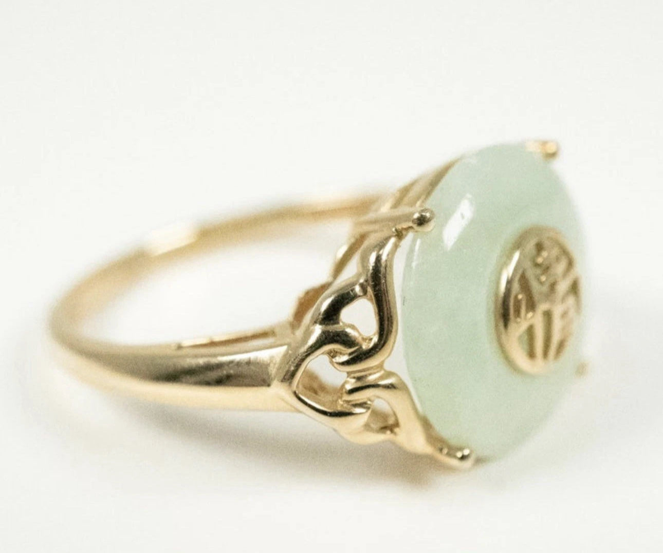 VINTAGE Jade Green Ring - Pi Pendant 14K Yellow Gold 6.5 US “Happy Life”