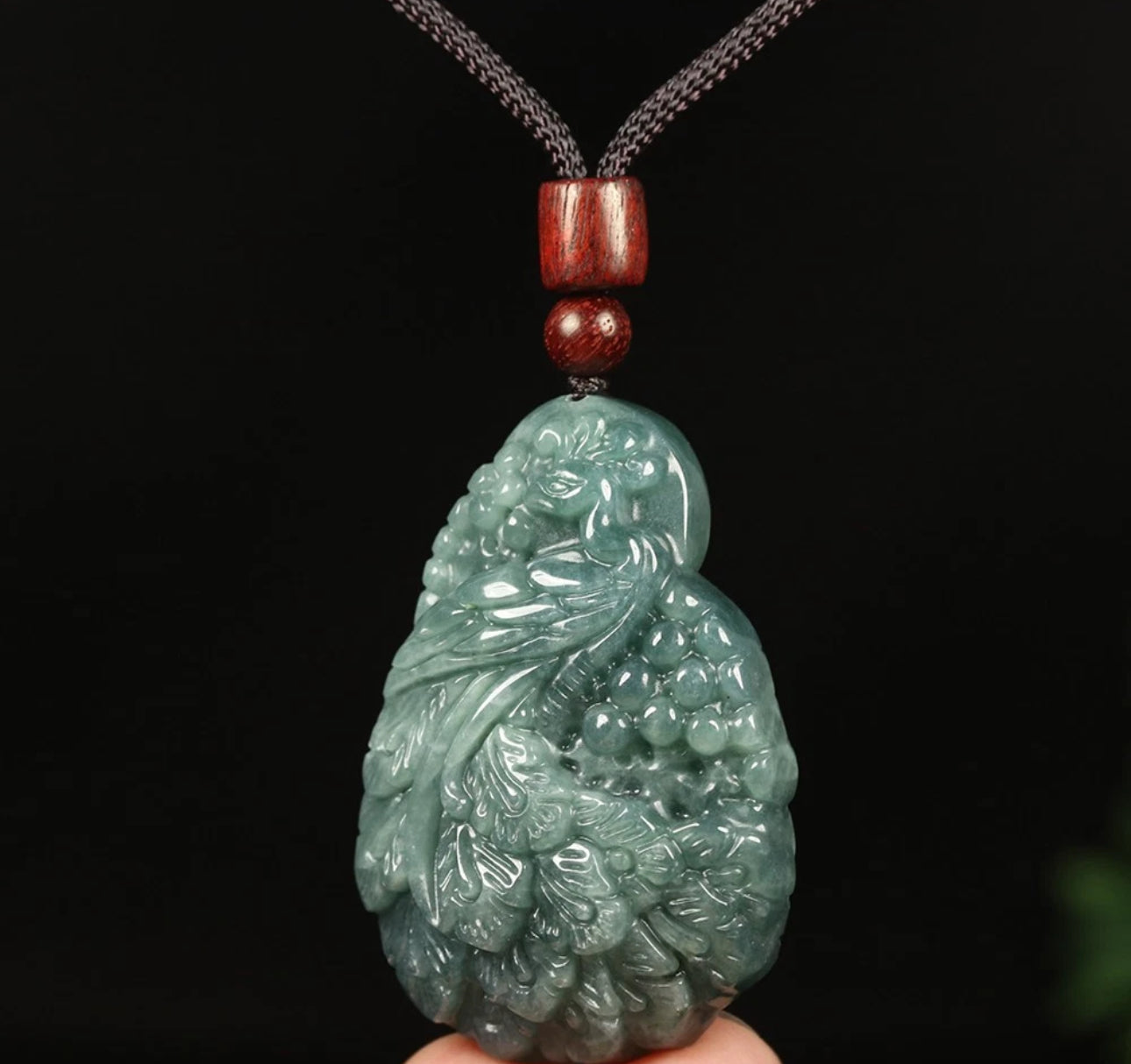 VINTAGE Certified Jadeite Green Jade Peacock Pendant w/ Adjustable Chord G270 - JazzyJewelbyAmina