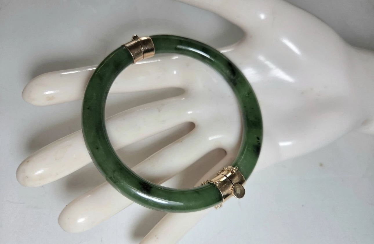 VINTAGE Owned 14K Yellow Gold Jadeite Deep Green Jade Bangle Hinged w/ Closure 7”Inner Diameter U0607 - JazzyJewelbyAmina