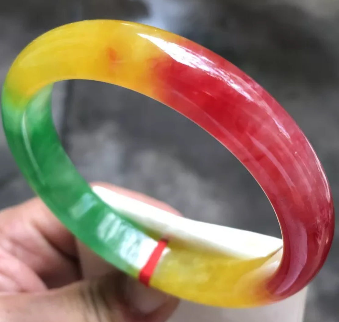 VINTAGE Large Jadeite Green/Red/Yellow Jade Bangle Size 62.8mm Unique Trio Jade Shades D191 - JazzyJewelbyAmina