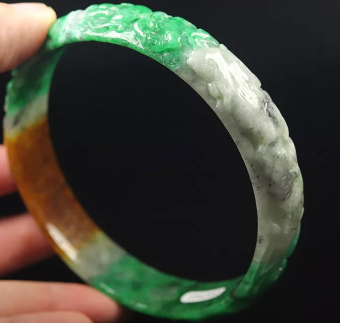 VINTAGE XXL Jadeite Green Brown Jade Handcarved Flower, Rabbit, Bird - Unique Jade Piece! Size 81mm S457 - JazzyJewelbyAmina