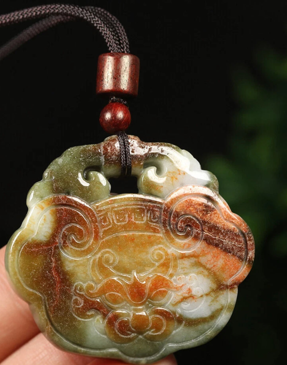 VINTAGE Jadeite Green Red Jade Pendant Handcarved Dragon Amulet w/ Adjustable Chord (removable) Certified Jade