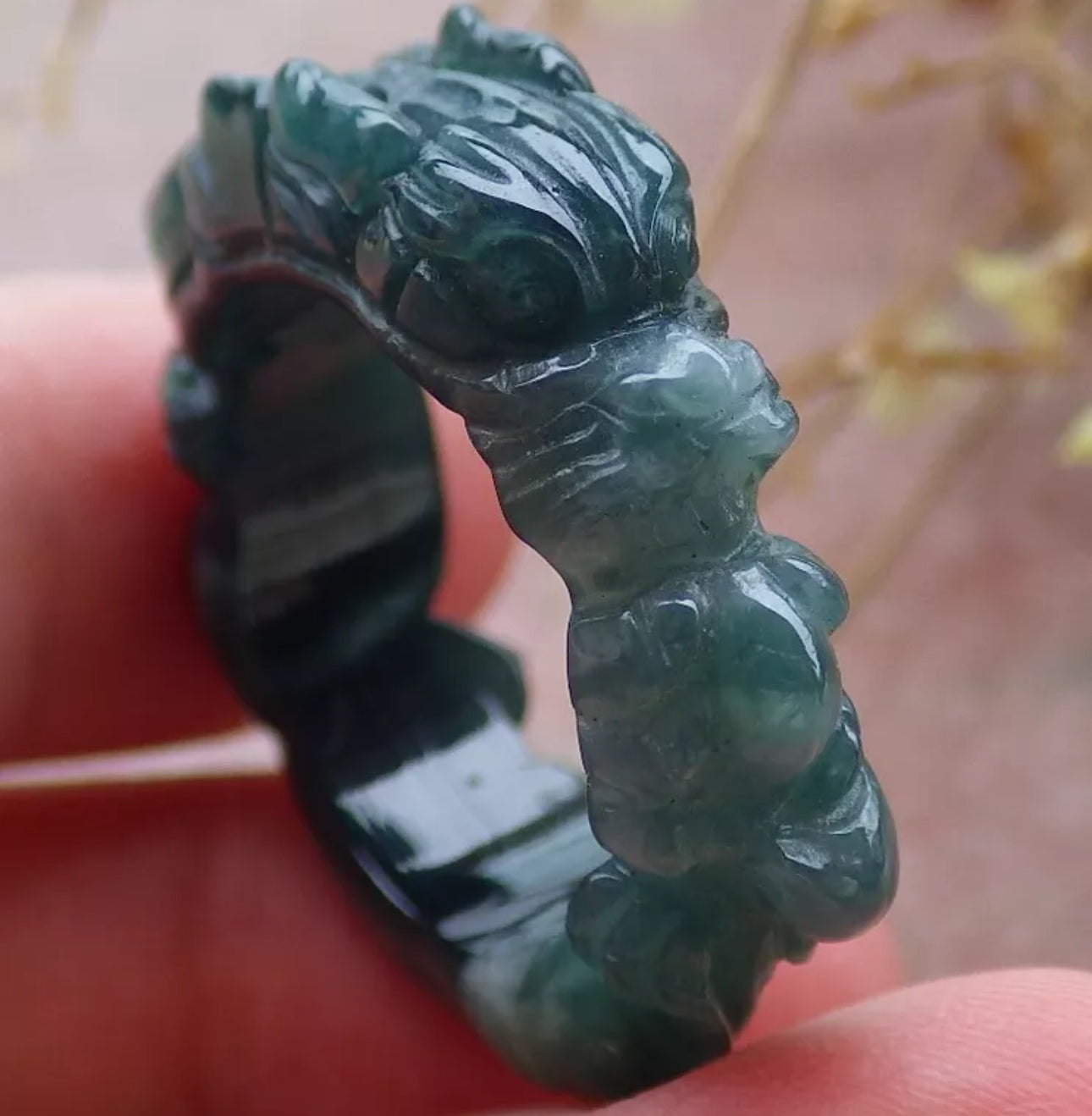 VINTAGE Large Jadeite Green Jade Ring Hand Carved Dragon Certified Jade Size 10 - JazzyJewelbyAmina