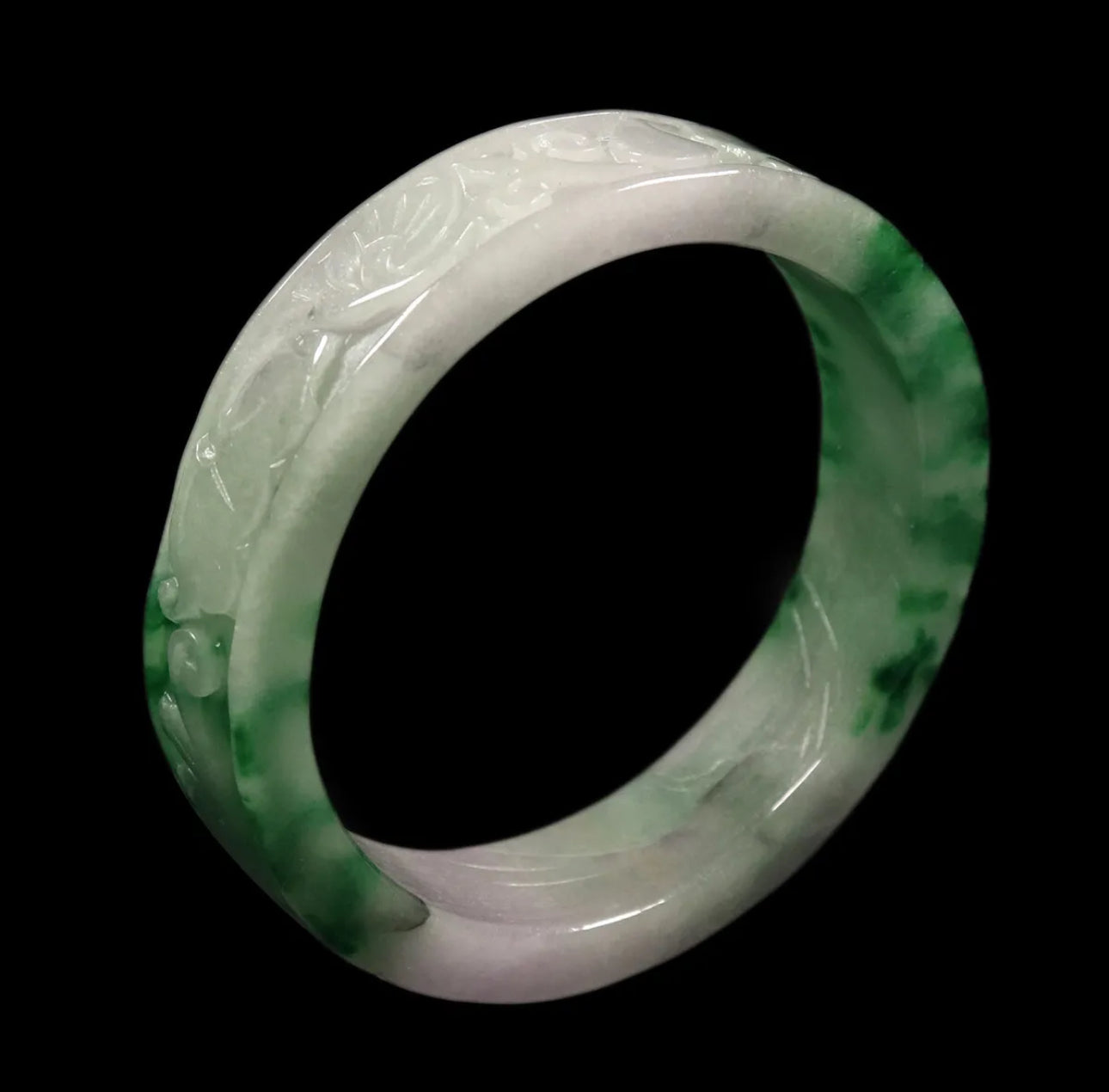 VINTAGE Medium Jadeite White/Green Hand- Carved Jade Bangle Size 59mm Ruyi Lotus A591 - JazzyJewelbyAmina