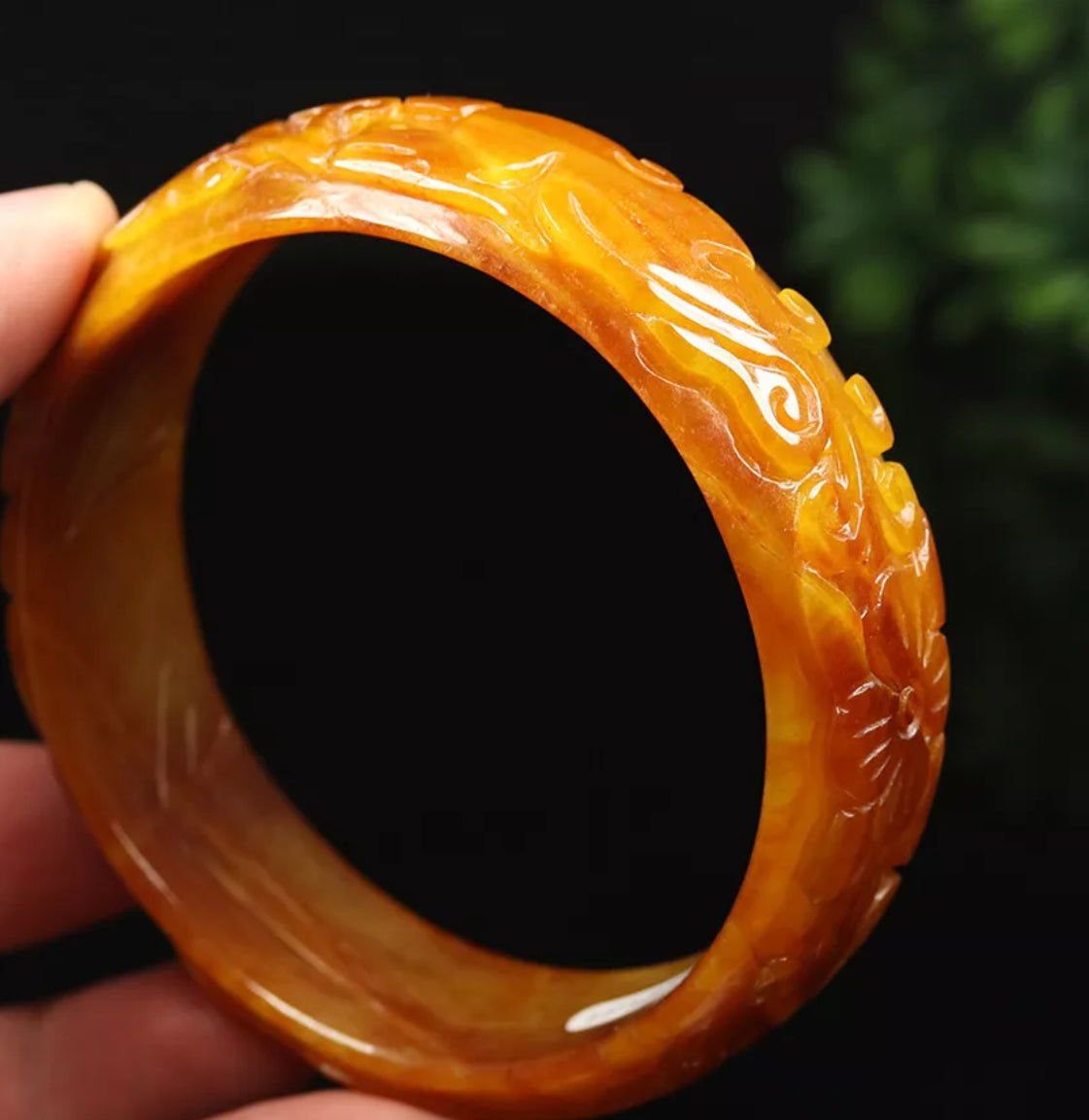 VINTAGE XXL Jadeite Yellow/Brown Jade Bangle Hand Carved Dragon Phoenix from Burma Size 68 mm M771 - JazzyJewelbyAmina
