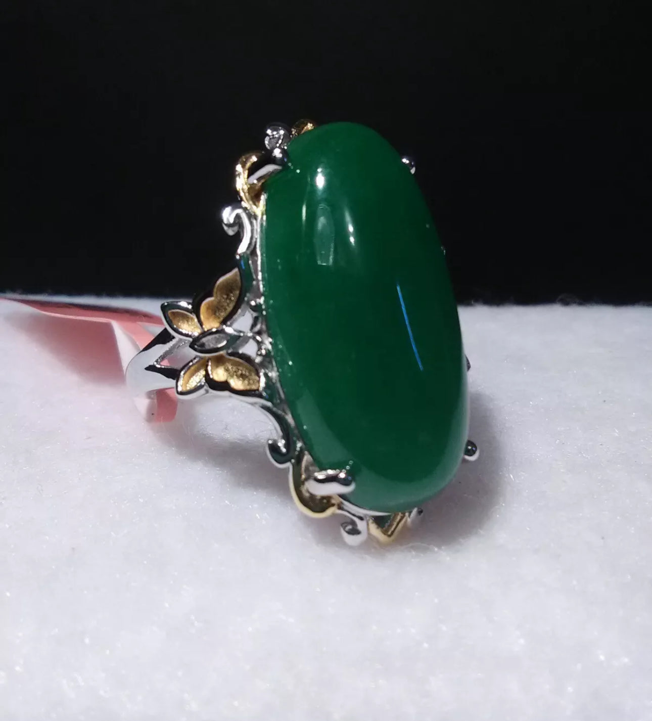 VINTAGE Jadeite Green Jade Ring Yellow Gold Vermeil Over Sterling Silver Size 5 TGW 12.65 ct - JazzyJewelbyAmina