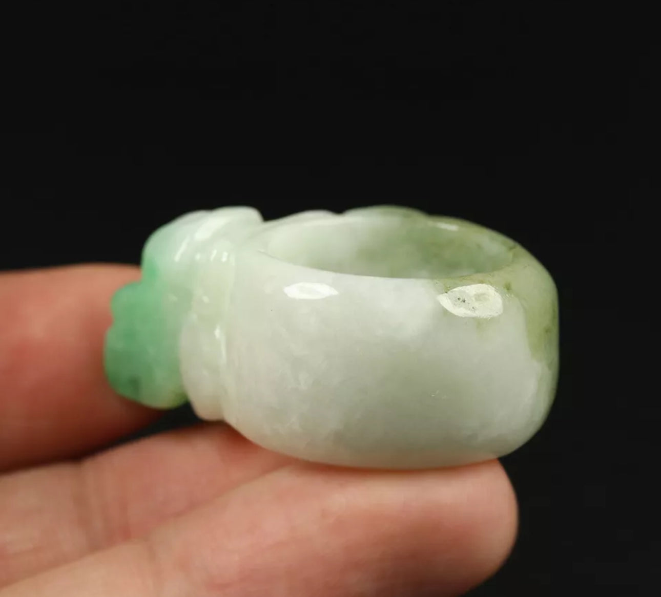 VINTAGE Medium Jadeite Green/White Jade Pixiu Certified Grade A Thumb Ring Y813 Prosperity & Protection! - JazzyJewelbyAmina