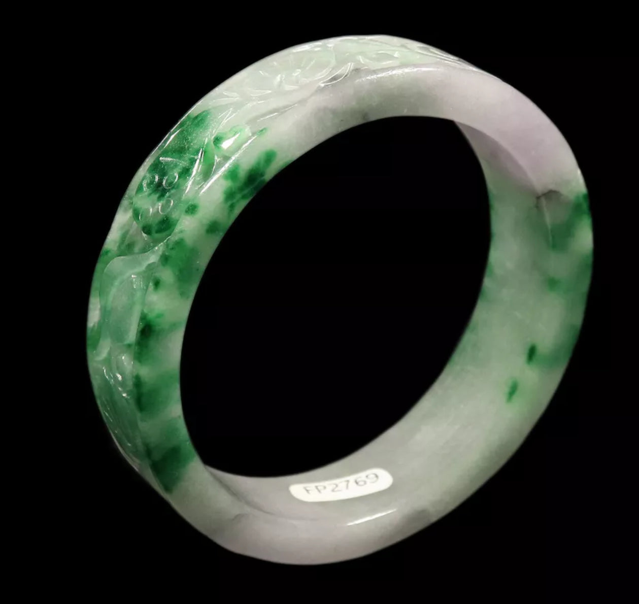 VINTAGE Medium Jadeite White/Green Hand- Carved Jade Bangle Size 59mm Ruyi Lotus A591 - JazzyJewelbyAmina