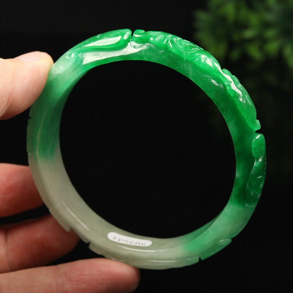 VINTAGE XL Jadeite Green/White Handcarved Bat Ruyi Lotus Jade Bangle - Ombré Jade Shades “As You Wish” Size 64mm F425 - JazzyJewelbyAmina