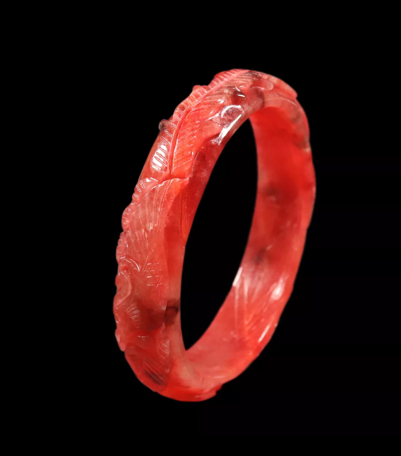 VINTAGE XL Jadeite Red Jade Bangle Handcarved Dragon Phoenix Size 65mm N425 - JazzyJewelbyAmina