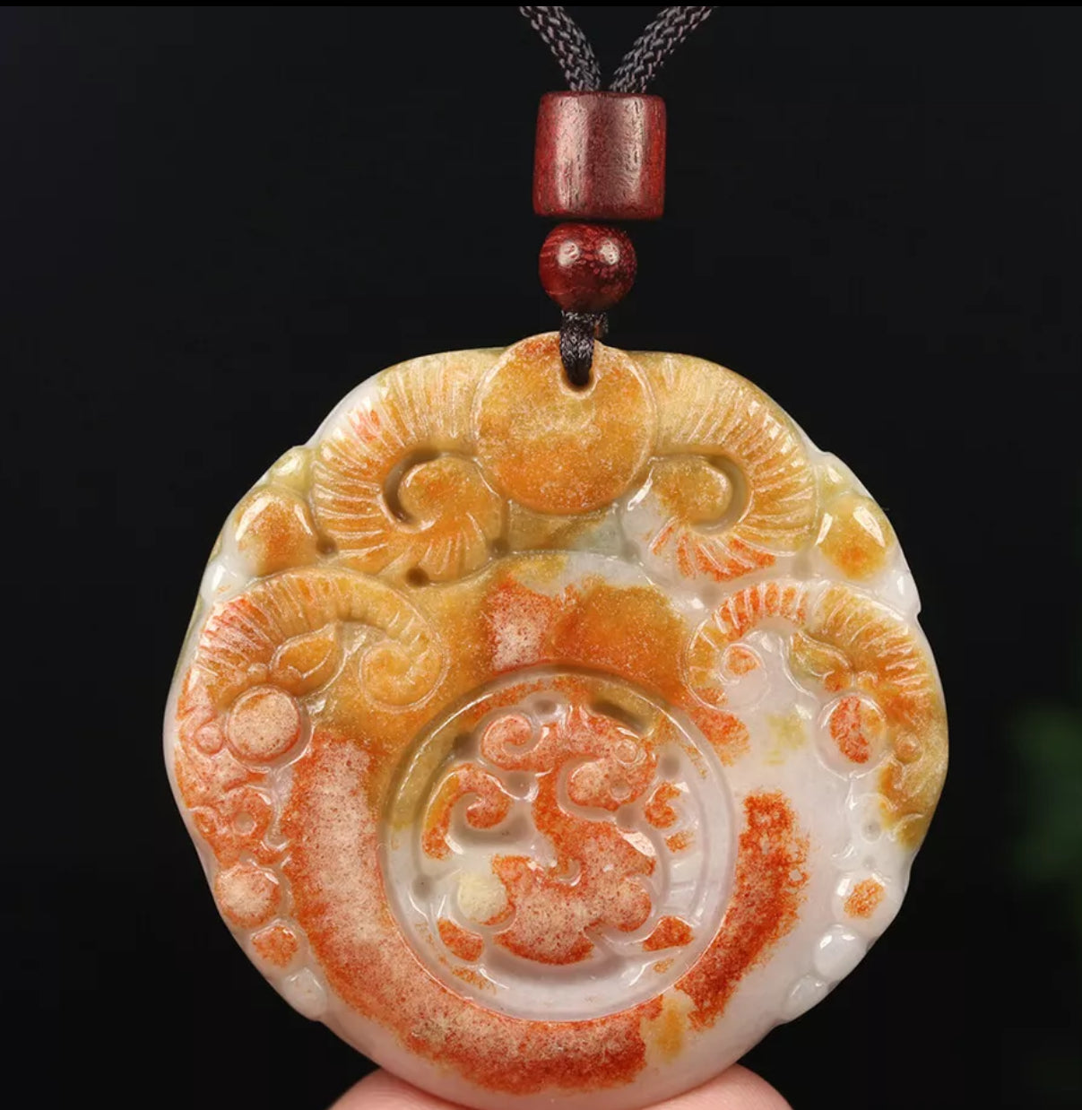 VINTAGE Red Brown Jadeite Green Jade Pendant Hand-carved Ox Dragon - Fine Unique Jade D883 - JazzyJewelbyAmina