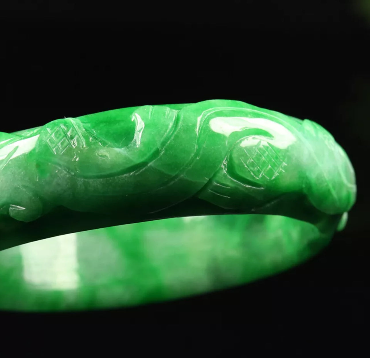 VINTAGE Large Jadeite Green Jade Bangle Hand-carved Dragon Phoenix Chinese Lunar Size 63mm M059 - JazzyJewelbyAmina