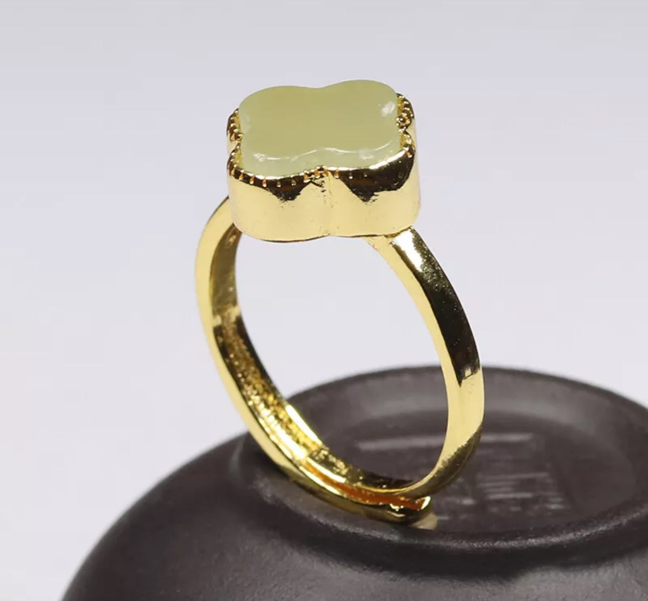 Certified Green Nephrite Jade Clover Ring Adjustable Good Plated Band - Prosperity Piece! - JazzyJewelbyAmina