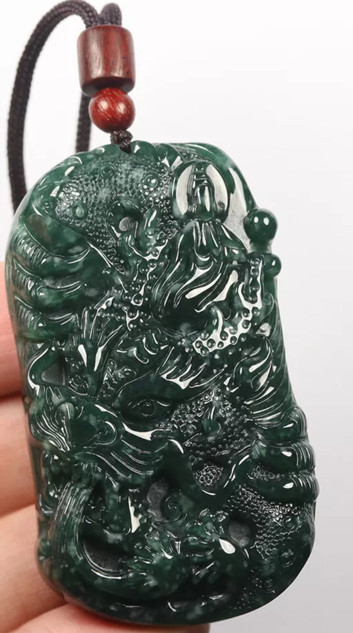VINTAGE Green Jadeite Dragon Kwan-Yin (Guanyin) Jade Pendant - Certified Grade A Jade Piece D242 - JazzyJewelbyAmina