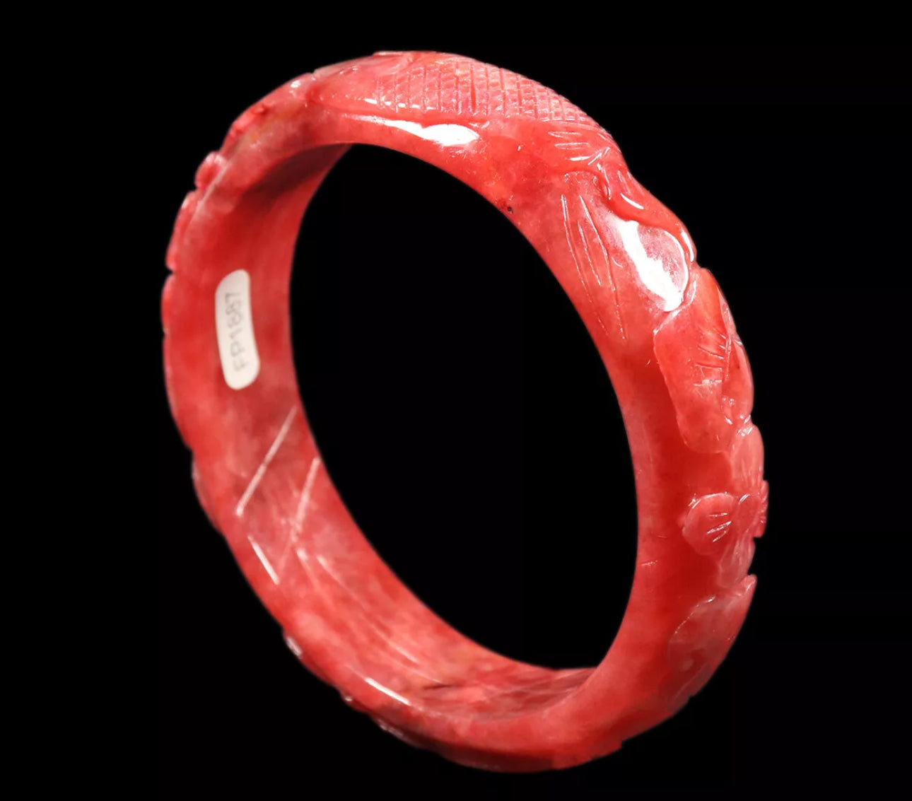 VINTAGE XL Jadeite Red Jade Bangle Size 65mm Hand Carved Ruyi Fish Lotus Flower D827 - JazzyJewelbyAmina