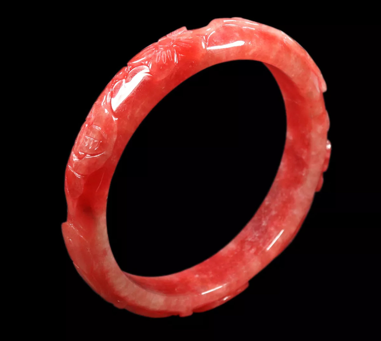 VINTAGE XL Jadeite Red Jade Bangle Handcarved FLOWER Size 65mm S631 - JazzyJewelbyAmina