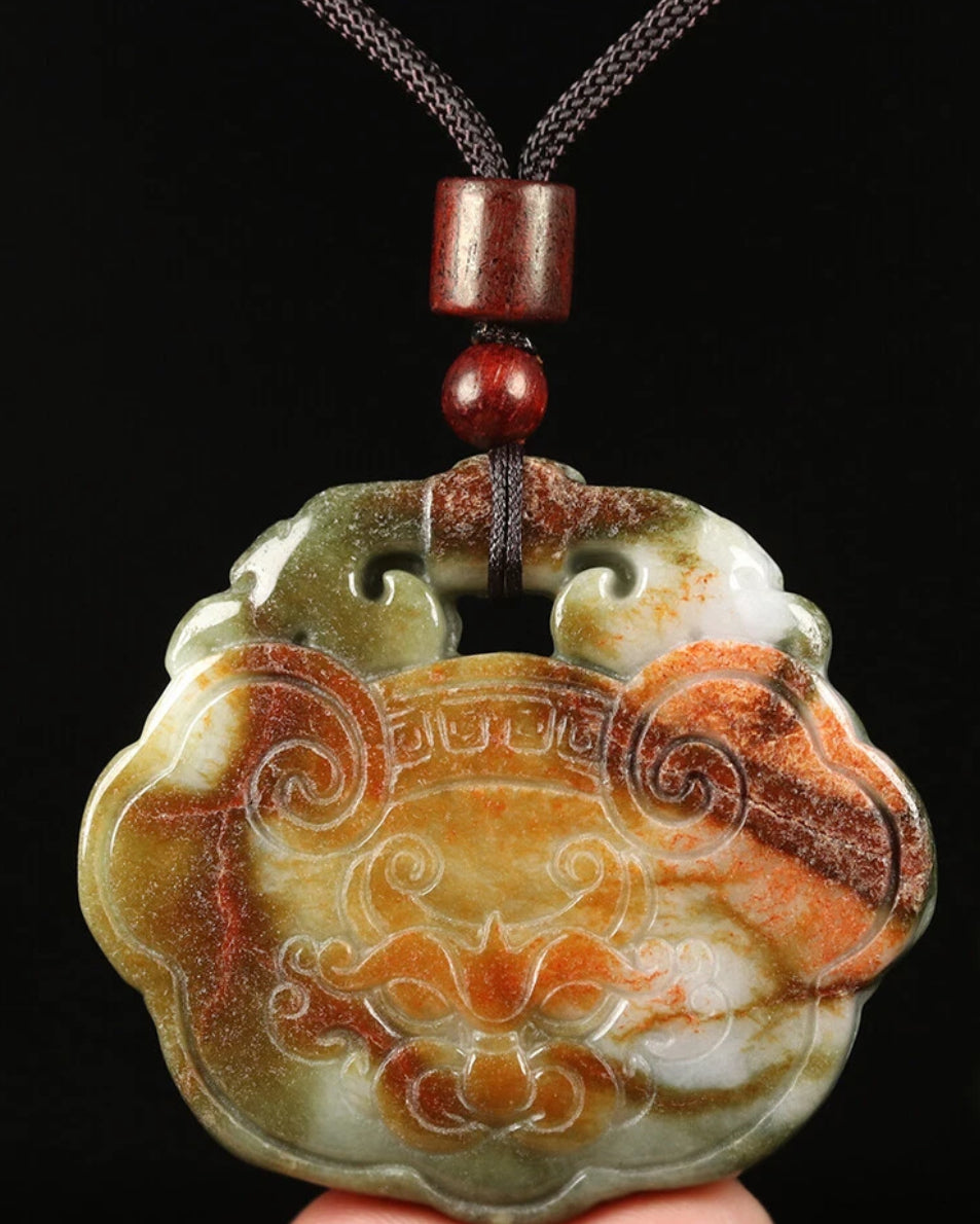 VINTAGE Jadeite Green Red Jade Pendant Handcarved Dragon Amulet w/ Adjustable Chord (removable) Certified Jade