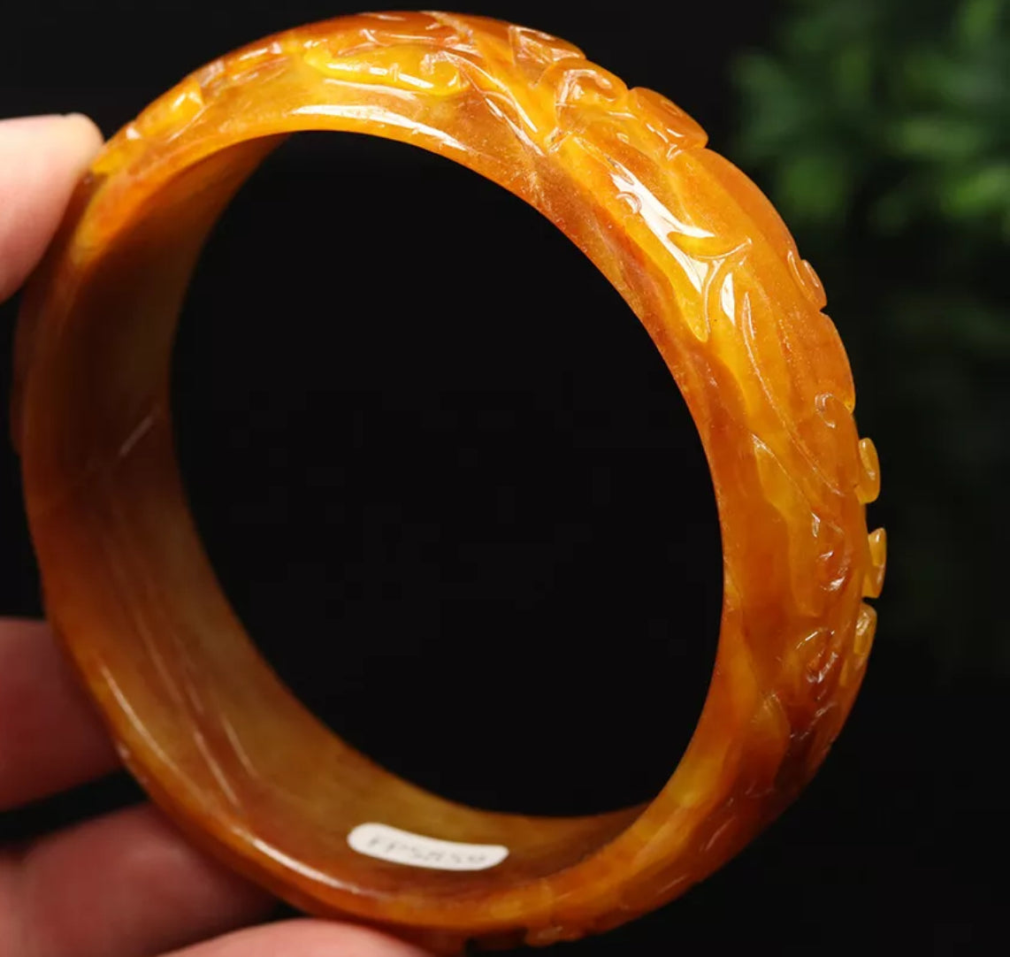 VINTAGE XXL Jadeite Yellow/Brown Jade Bangle Hand Carved Dragon Phoenix from Burma Size 68 mm M771 - JazzyJewelbyAmina