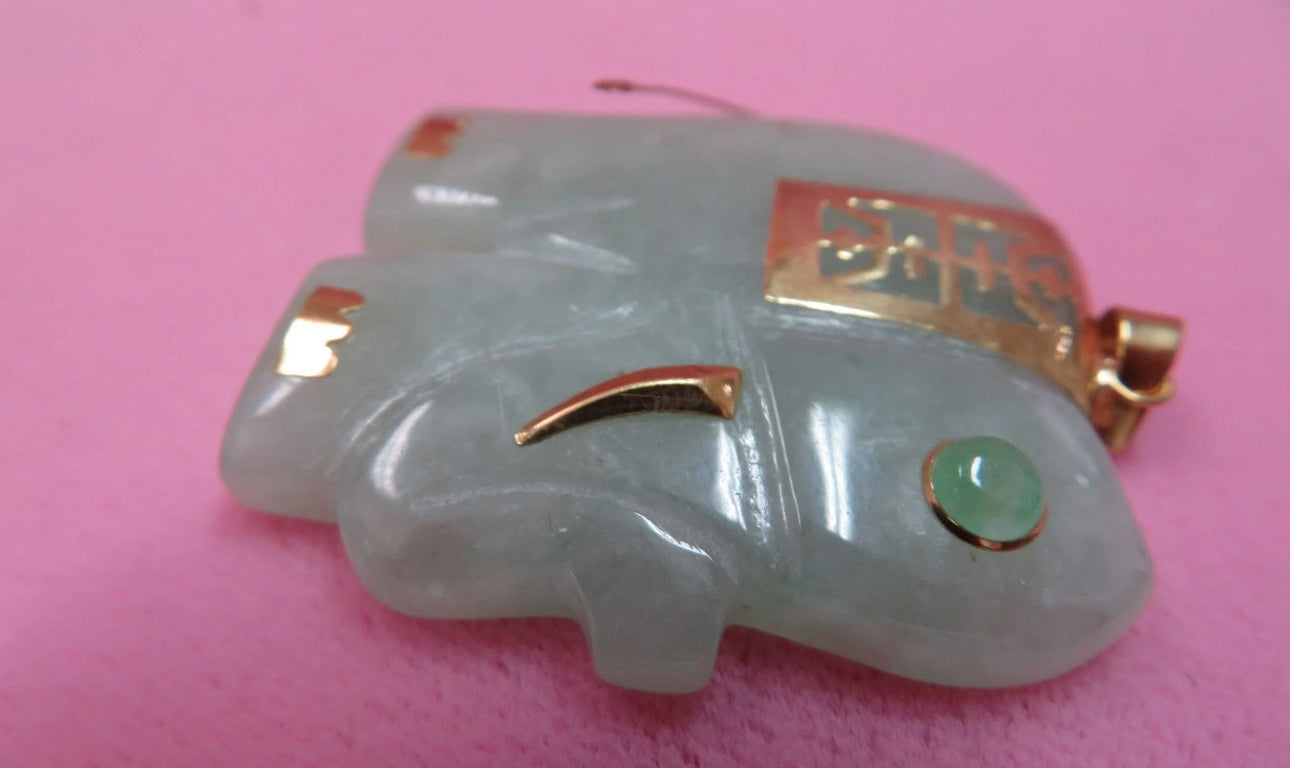 VINTAGE Jade 14k Solid Gold Bail Green Elephant - Green Jade Eye - JazzyJewelbyAmina
