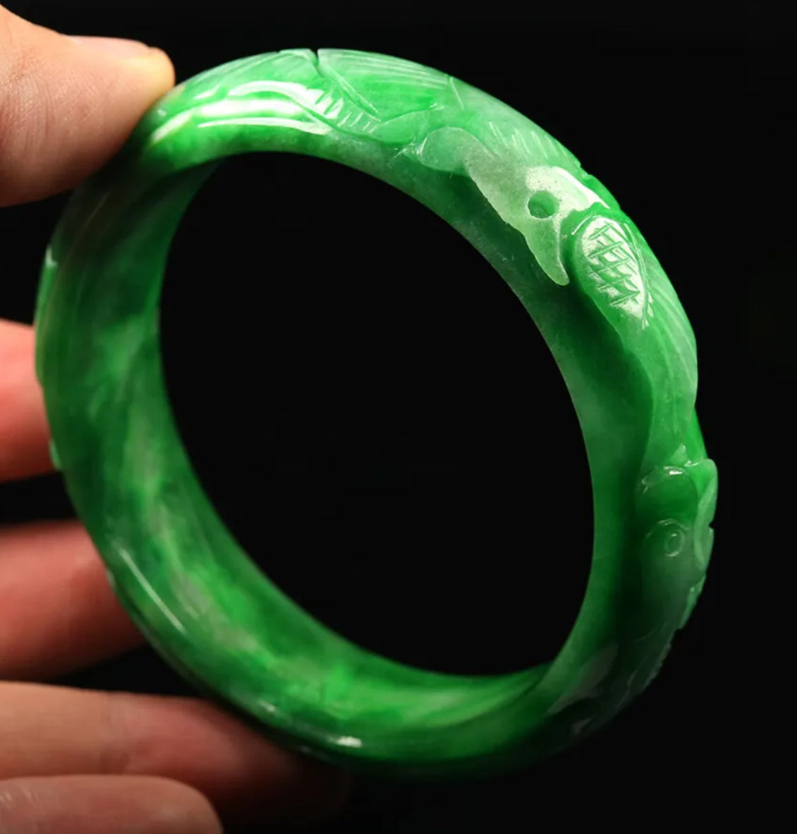 VINTAGE Large Jadeite Green Jade Bangle Hand-carved Dragon Phoenix Chinese Lunar Size 63mm M059 - JazzyJewelbyAmina