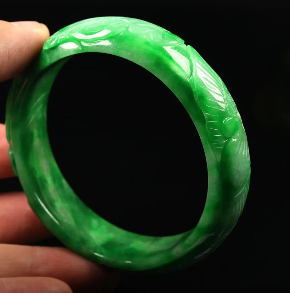 VINTAGE Large Jadeite Green Jade Bangle Hand-carved Dragon Phoenix Chinese Lunar Size 63mm M059 - JazzyJewelbyAmina