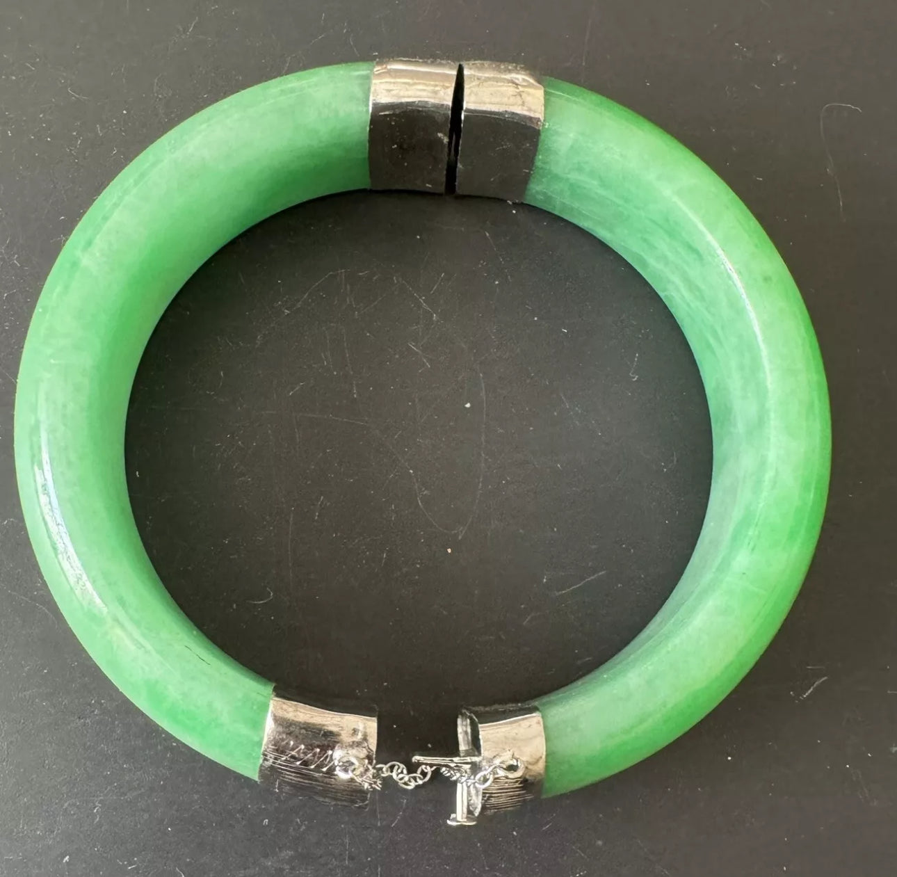 VINTAGE Medium Jadeite Green Jade Bangle Size 58mm Hinged Closure Sterling Silver Apple Green Jade! D1230 - JazzyJewelbyAmina