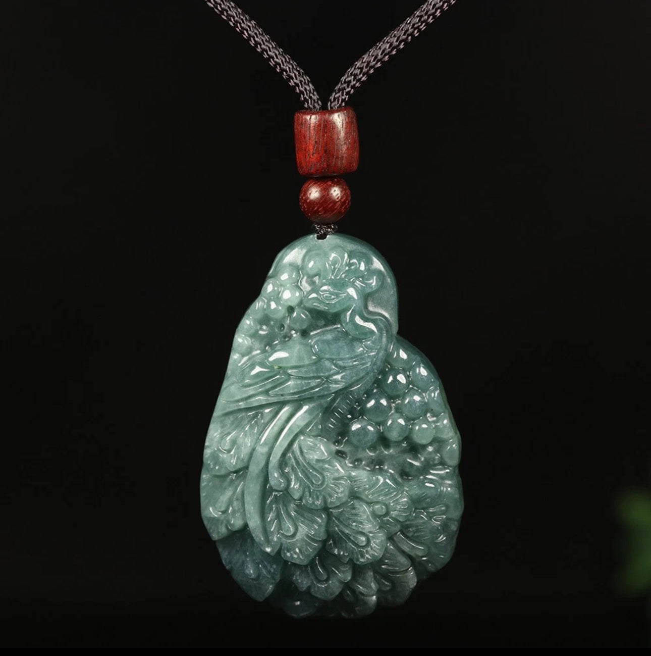 VINTAGE Certified Jadeite Green Jade Peacock Pendant w/ Adjustable Chord G270 - JazzyJewelbyAmina