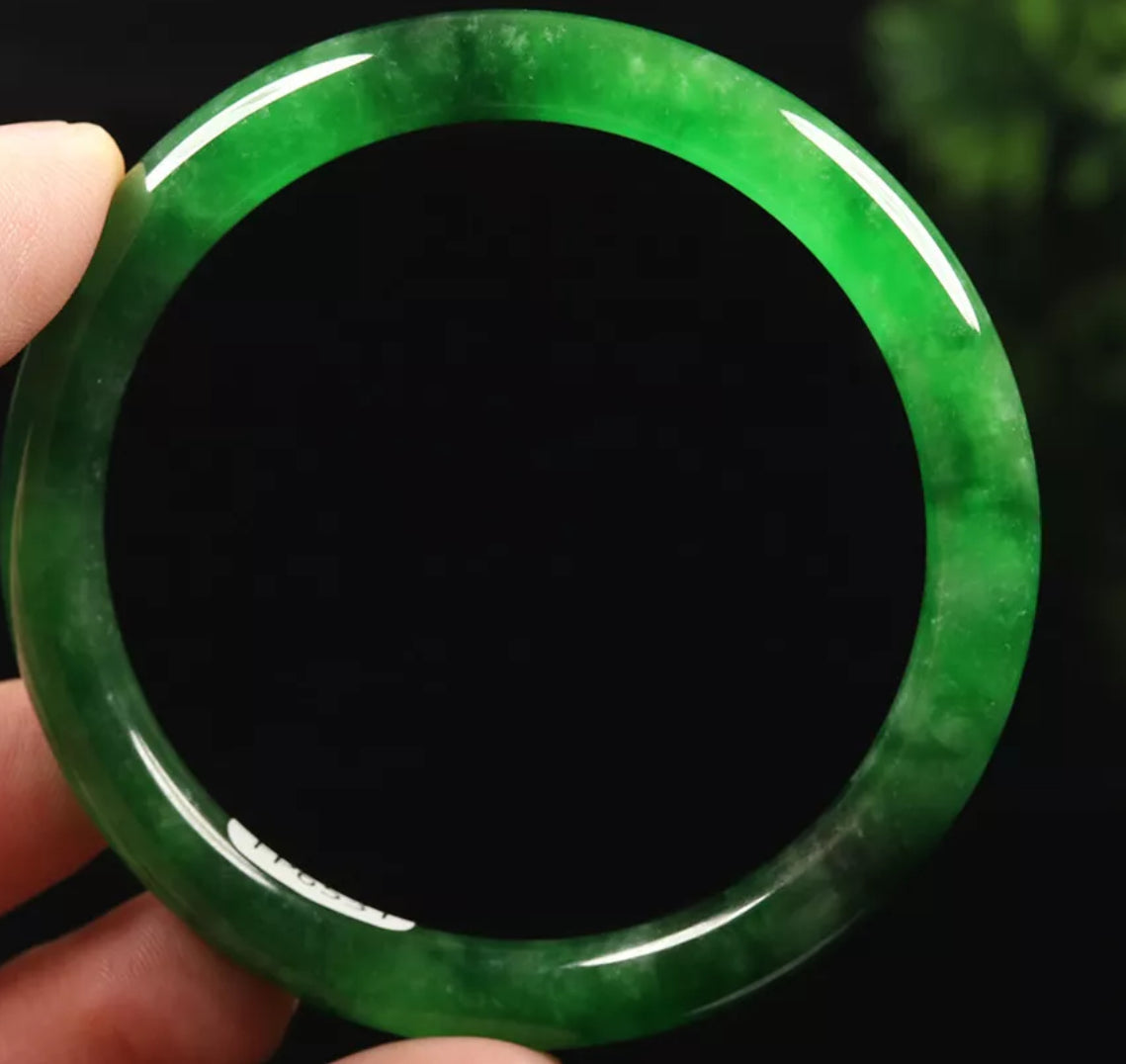 VINTAGE Medium Jadeite Emerald Green Jade Bangle w/ Bits of Black Jade - Round Princess Cut Size 57mm M115 - JazzyJewelbyAmina