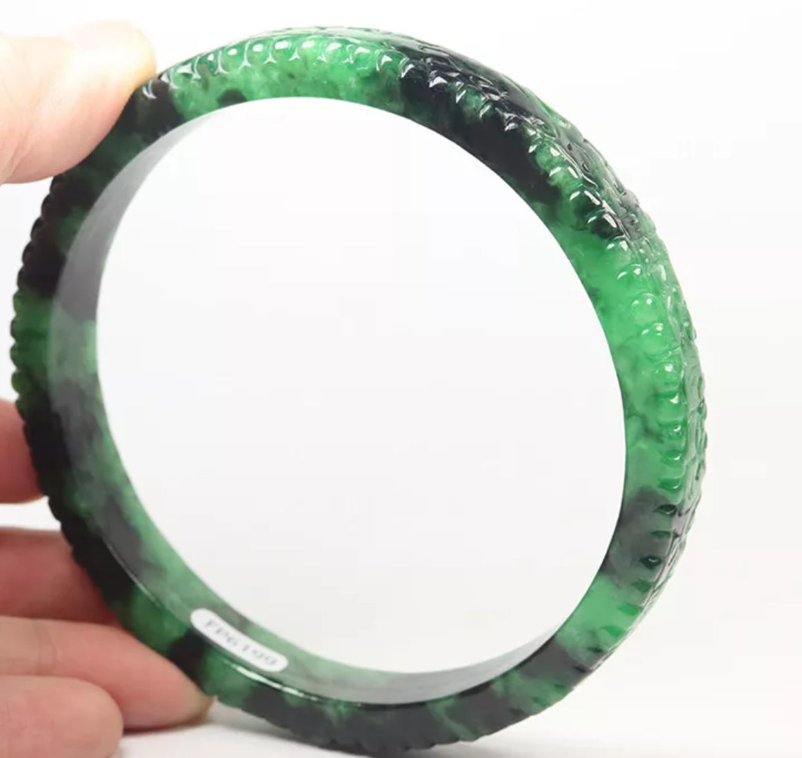 VINTAGE XXL Jadeite Green/Black Jade Bangle Size 82mm Handcarved Dragon Phoenix F451 - JazzyJewelbyAmina