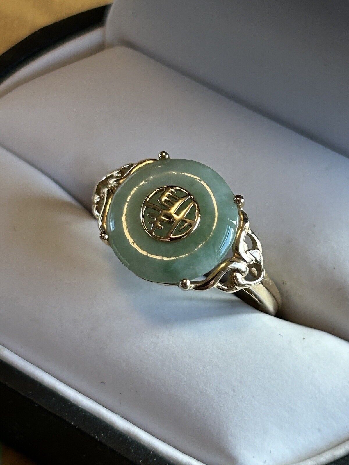 VINTAGE Jade Green Ring - Pi Pendant 14K Yellow Gold 7.5 US - JazzyJewelbyAmina