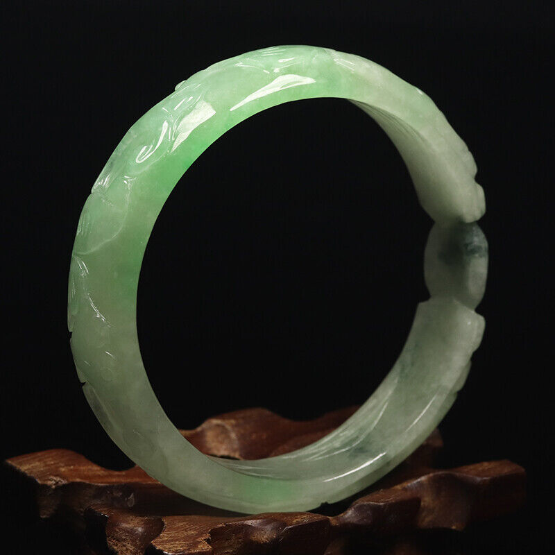 VINTAGE Large Jadeite Green/White Hand-Carved Dragon Ruyi Jade Bangle - Year of the Wood Dragon!M489 - JazzyJewelbyAmina