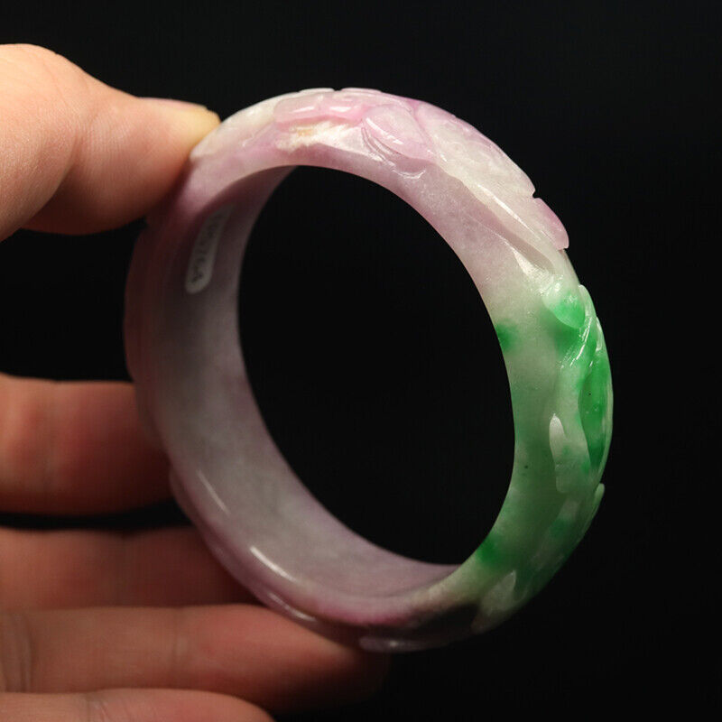 VINTAGE Small Jadeite Green/Lavender Jade Bangle Size 56mm Handcarved Ruyi Y581 - JazzyJewelbyAmina